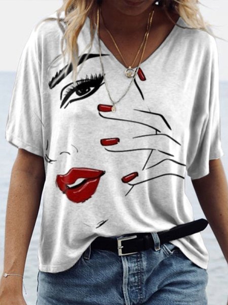 Casual Abstract Crew Neck Cotton Shirts & Tops, White, T-Shirts