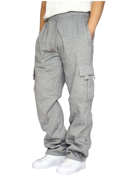 Solid Drawstring Casual Cargo Pants, Light gray, Pants