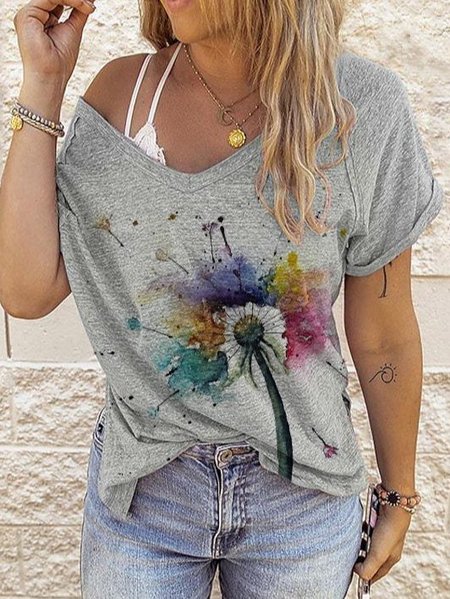 Casual V Neck Shirts & Tops, Gray, Tees & T-shirts