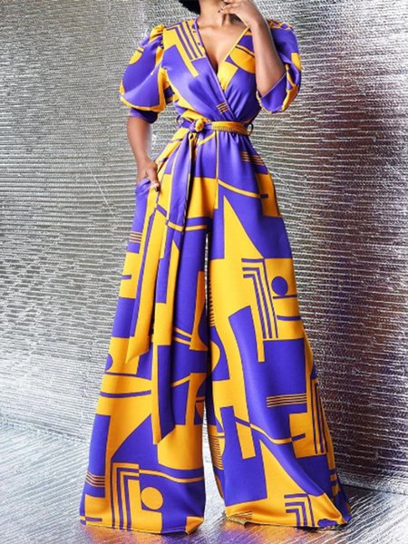 Casual V Neck Geometric Short Sleeve Jumpsuit, Purple blue, Jumpsuits