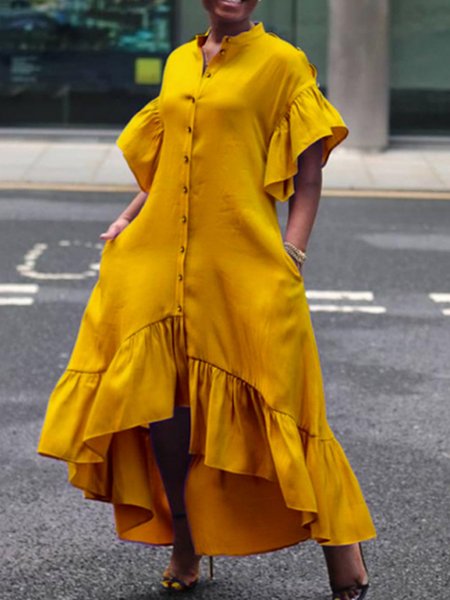 Holiday Shift Solid Short Sleeve Dress, Yellow, Midi Dresses