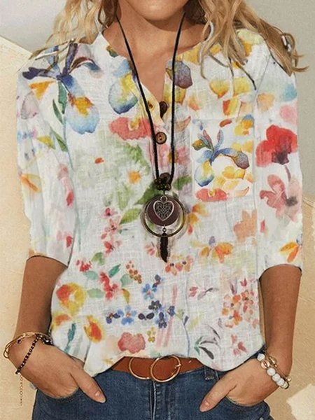 Cotton-Blend 3/4 Sleeve Buttoned Shirt Collar Shirts & Tops, White, Blouses & Shirts