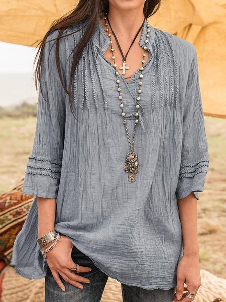 Boho Linen 3/4 Sleeve Guipure Lace Blouse, Gray, Shirts & Blouses