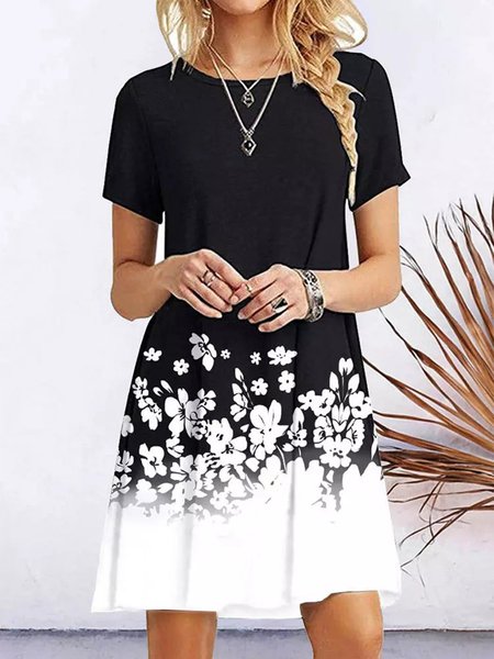 Floral O-Neck Casual Mini Dress - Black, Dresses