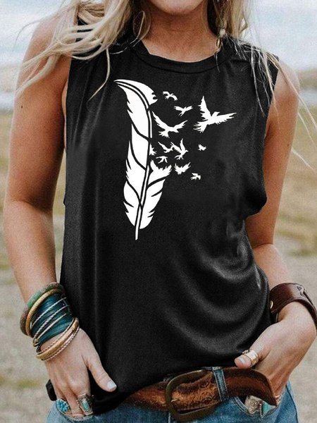 Feather Sleeveless Shirt Casual Crew Neck Black Summer Tank Top, Tank Tops