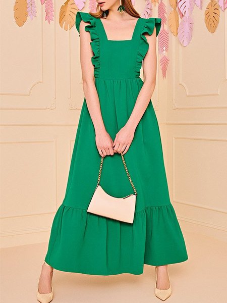 Elegant Shift Solid Square Neck Party Maxi Dress, Green, Maxi Dresses