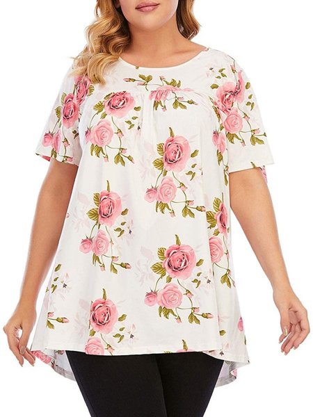crew neck short sleeve shift floral shirts & tops, White-red, T-Shirts
