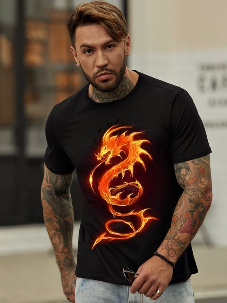 Fire dragon Short Sleeve Cotton-Blend Casual Shirts & Tops, Black, T-shirts