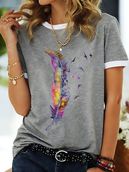Watercolor Art Feather Graphic Sleeveless Casual Tank Top, Gray, T-shirts