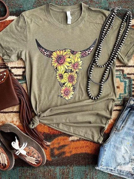Cotton-Blend Short Sleeve Casual Shirts & Tops, Army green, T-shirts