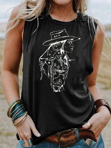 Casual Crew Neck Cotton-Blend Shirts & Tops, Black, Tank Tops