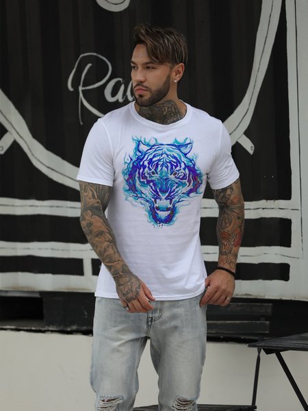 Flaming Tiger Men T-Shirt, White, T-shirts