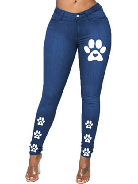 Animal Printed Casual Denim Pants, Dark_blue, Jeans