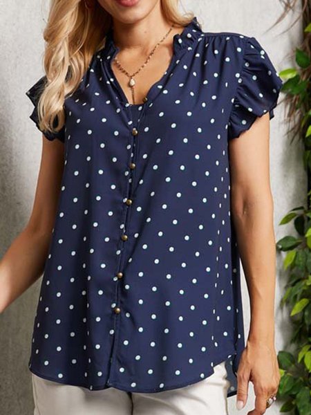V Neck Short Sleeve Printed Shirts & Tops, Navy blue, Shirts & Blouses