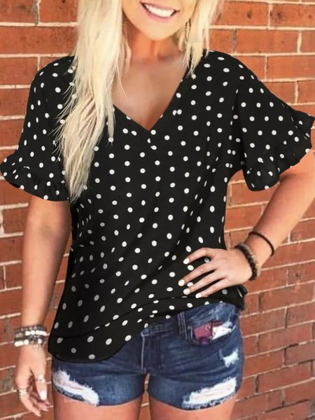 Black Casual Polka Dots Printed V Neck Short Sleeve Shift Shirts & Tops, Tops