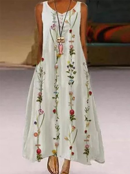 Floral Sleeveless Resort Dresses, White, Dresses
