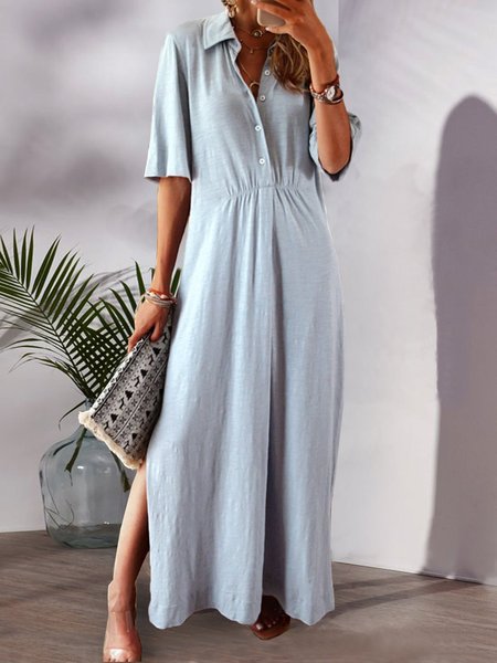 Casual Short Sleeve Shirt Dresses, Blue, Dresses
