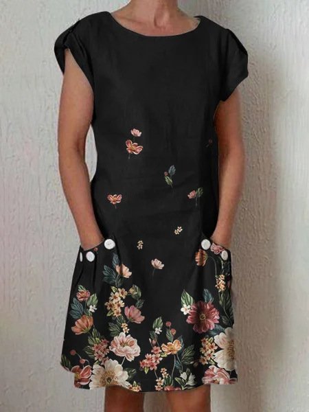 Short Sleeve Crew Neck Cotton Dresses, Black, Midi Dresses