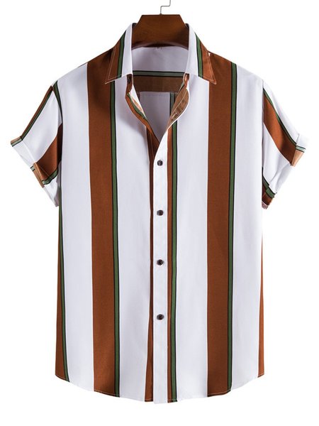 Men's Stripe Style Short Sleeve Casual Loose Shirt, Wine red, Men's Floral shirt