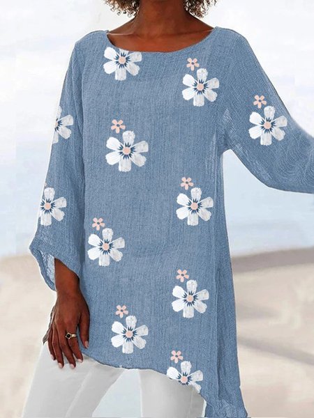Half Sleeve Crew Neck Cotton-Blend Shirts & Tops, Blue, Shirts & Blouses
