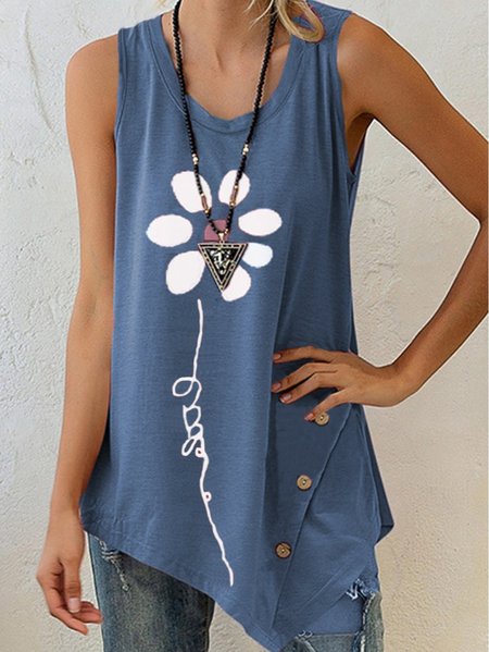 Women's Tank Tops Floral Print Irregular Tops, Blue, Tanks & Camis