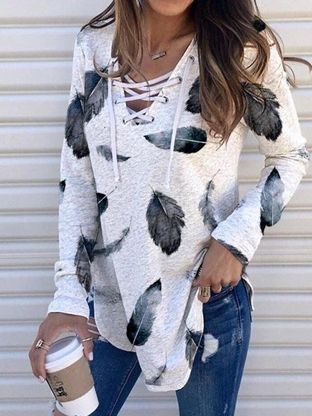 V Neck Long Sleeve Cotton-Blend Lace-Up Shirts & Tops, Color2, Tees & T-shirts