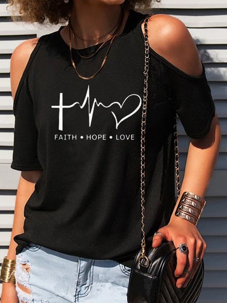 Crew Neck Short Sleeve Letter Shirts & Tops, Black, T-Shirts