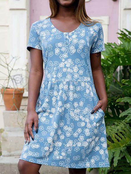 Boho Blue White Floral-print Short Sleeve Pocket Casual Dresses, Casual Dresses