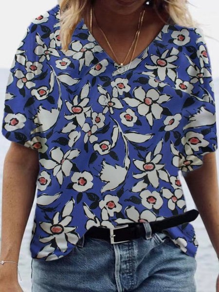 casual v neck short sleeve shirts & tops, Flower, T-Shirts