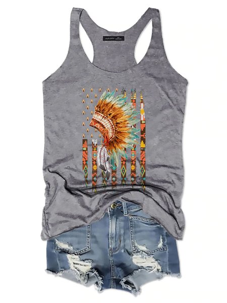 American Flag Native Tribe Feather Pride Graphic Tank Top, Gray, Tank Tops