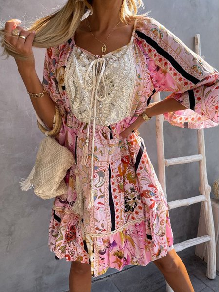 3/4 Sleeve Guipure Lace Crew Neck Dresses, Pink, Boho dresses