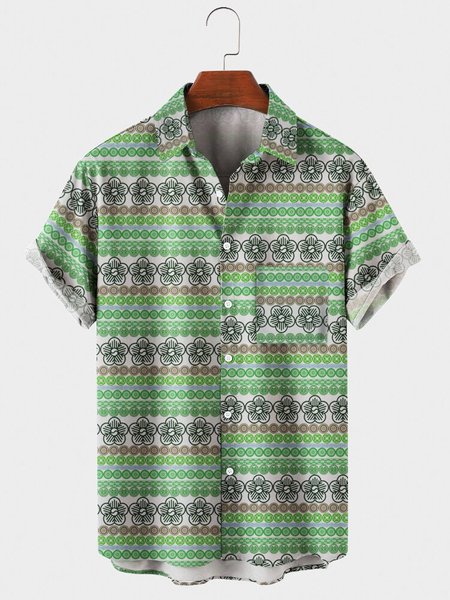 Printed Shirt Collar Geometric Shirts & Tops, Green, Men's Floral shirt