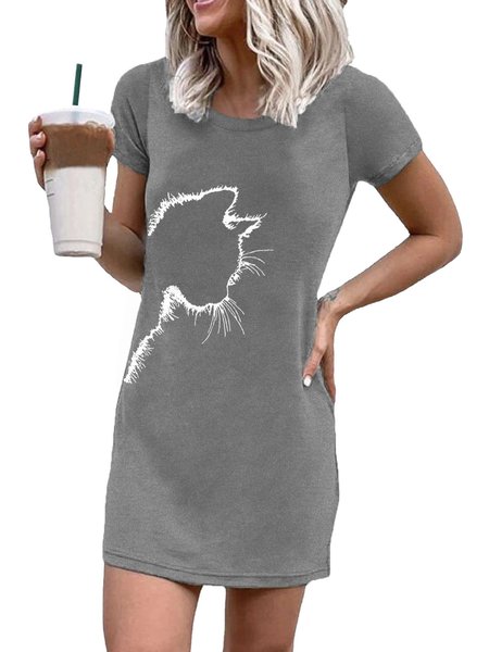 Cat Cotton-Blend Crew Neck Dresses, Gray, Casual Dress