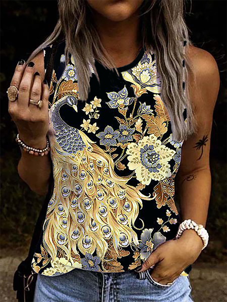 Plus size Sleeveless Casual Printed T-shirt, Yellow, T-Shirts