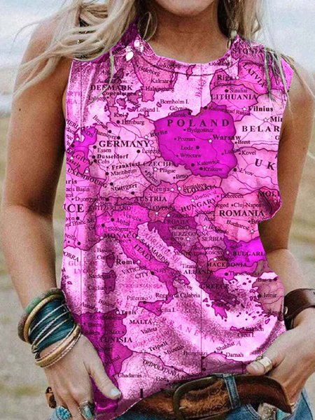 crew neck map casual shirts & tops, Pink, Tanks & Camis