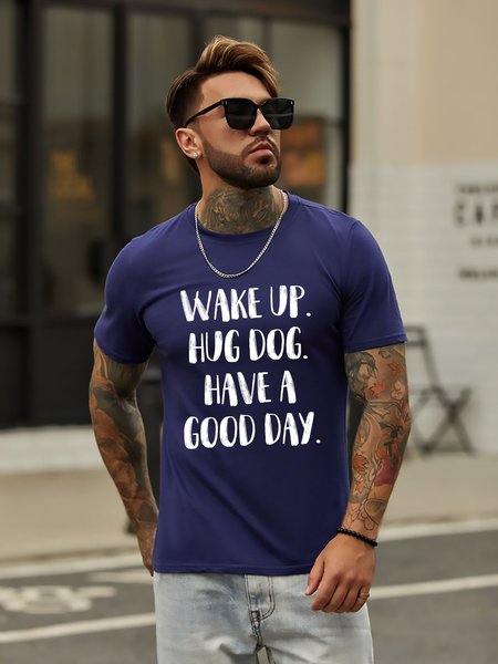 Wake Up Hug Dog Graphic Short Sleeve Tee, Deep blue, T-shirts