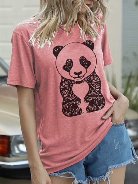 Panda Cotton-Blend Short Sleeve Crew Neck Shirts & Tops, Pink, T-shirts