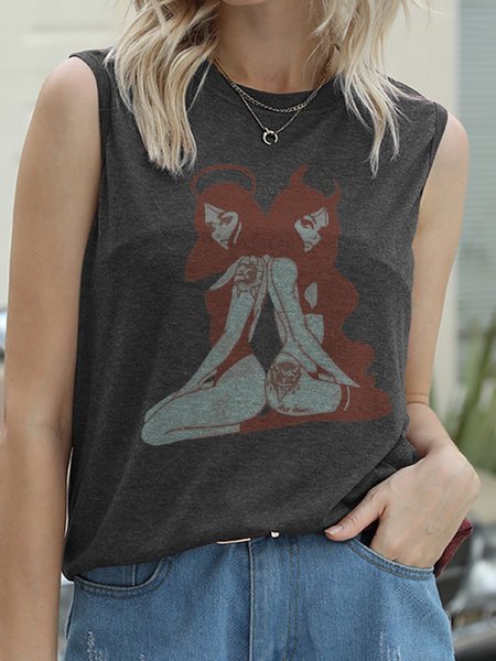 Angle And Evil Sleeveless Cotton-Blend Tanks & Camis, Deep gray, Tank Tops