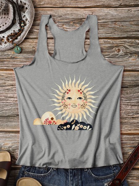 Floral Sun Graphic Loose Tank Top, Gray, Tank Tops
