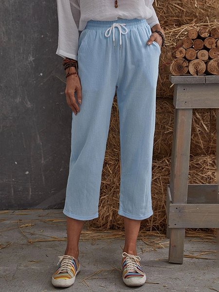 Ms elastic solid color nine points of tall waist trousers, Sky blue, Pants