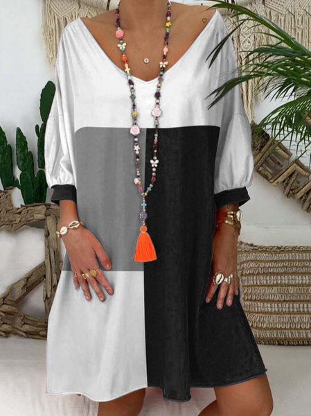 3/4 Sleeve Geometric Casual Cotton-Blend Dresses, Multicolor, Casual Dresses