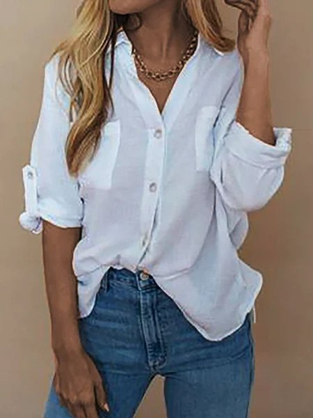 Long Sleeve Printed Shirt Collar Shift Shirts & Tops, White, Blouses & Shirts