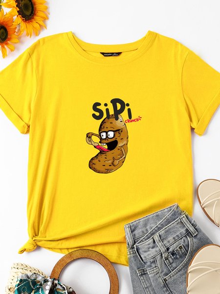 Potato Short Sleeve Crew Neck Cotton-Blend Shirts & Tops, Yellow, T-shirts