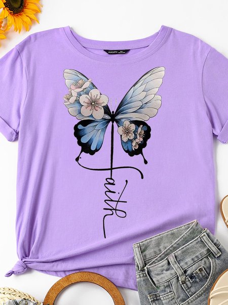 Butterfly Faith Women's Short Sleeve Casual Shirts & Tops, Purple, T-shirts
