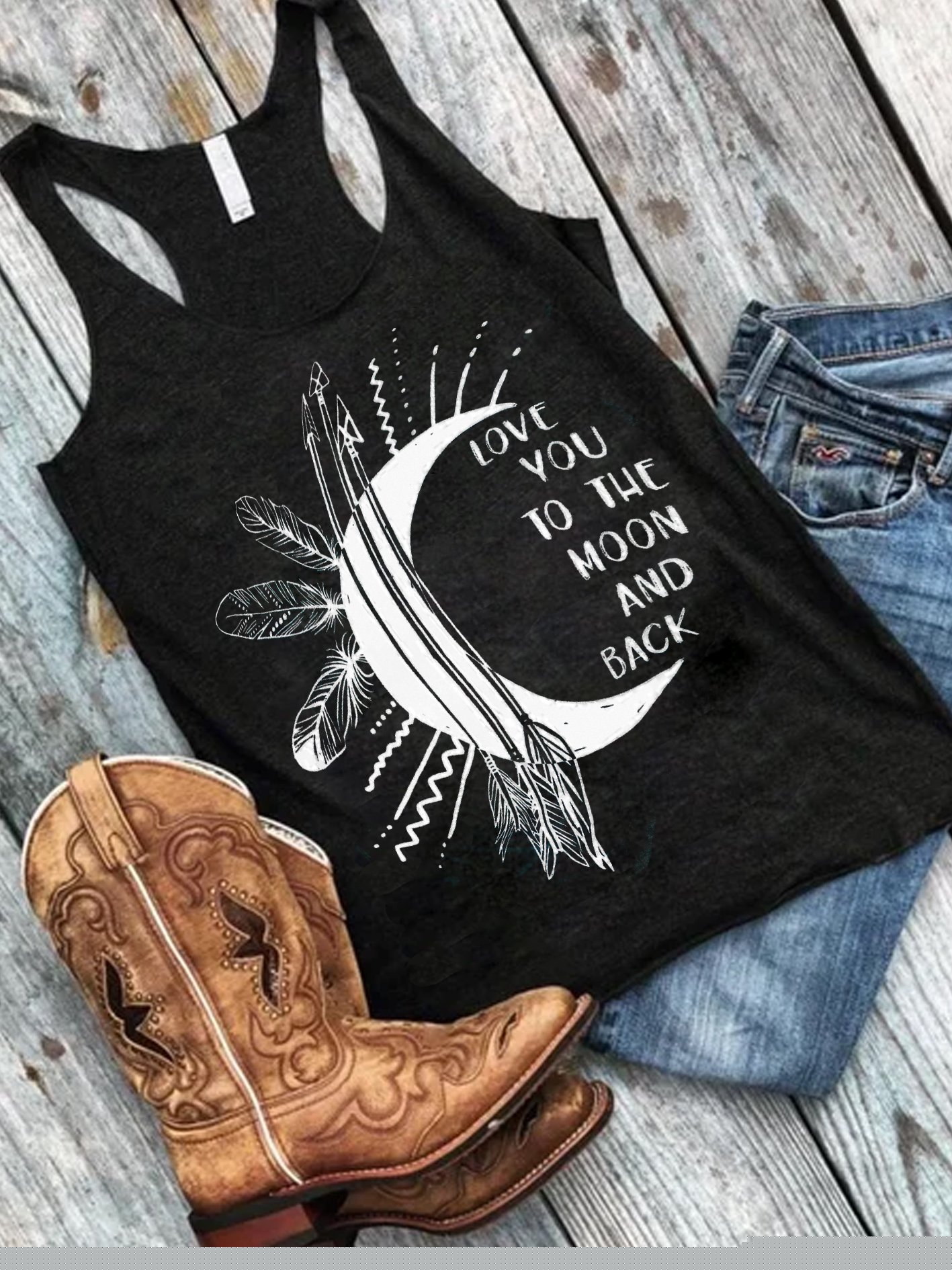 Love You To The Moon And Back Crew Neck Casual Vests, Black, Tank Tops