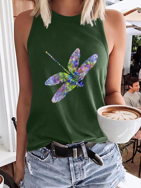 Watercolor Dragonfly Graphic Casual Tank Top, Dark green, Tank Tops