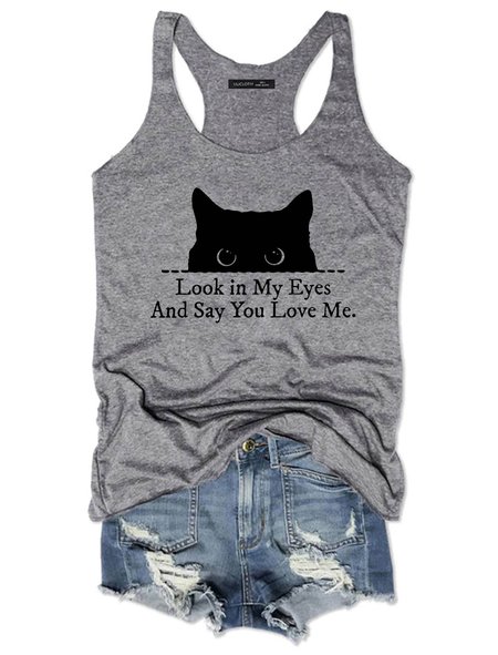 Look In My Eyes And Say You Love Me Black Cat Tank Top, Gray, Tank Tops