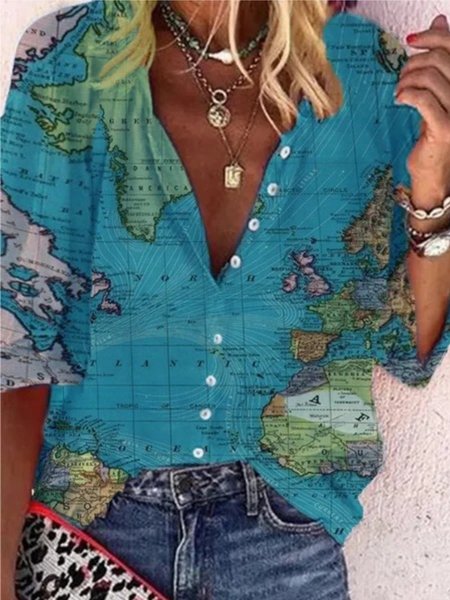Casual Long Sleeve V Neck Blouse, Blue, Blouses & Shirts