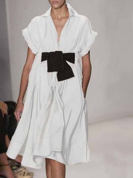 Solido Dritto Maniche Corte Quotidiano Abito, Bianco, Midi Dresses