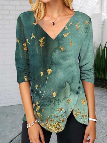 Long Sleeve Shift Casual Floral Shirts & Tops, Green, Long sleeve tops